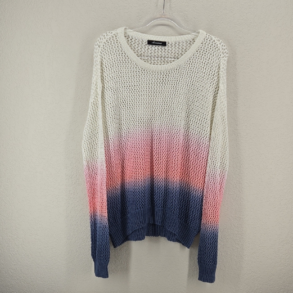 Olivaceous Cream to Pink to Blue Dip-Dye Open-Knit Crewneck Sweater Size Large